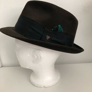 Resistol Classic Brown Felt Fedora with Black Band and Teal Feather